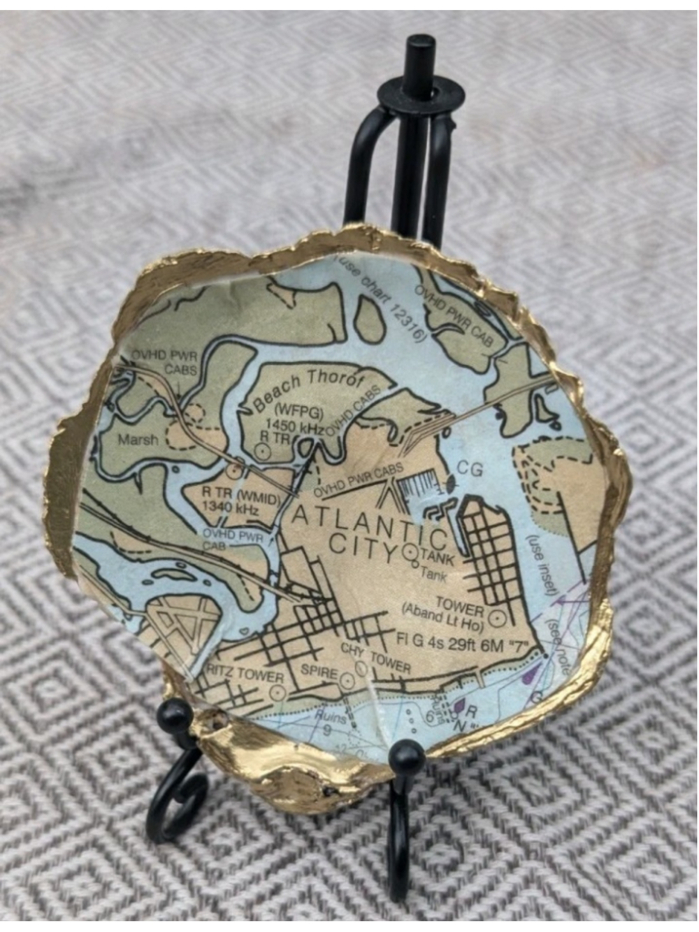 Hand Crafted GOLD Trim Decoupage Oyster Shell Atlantic City Nautical Chart Relic